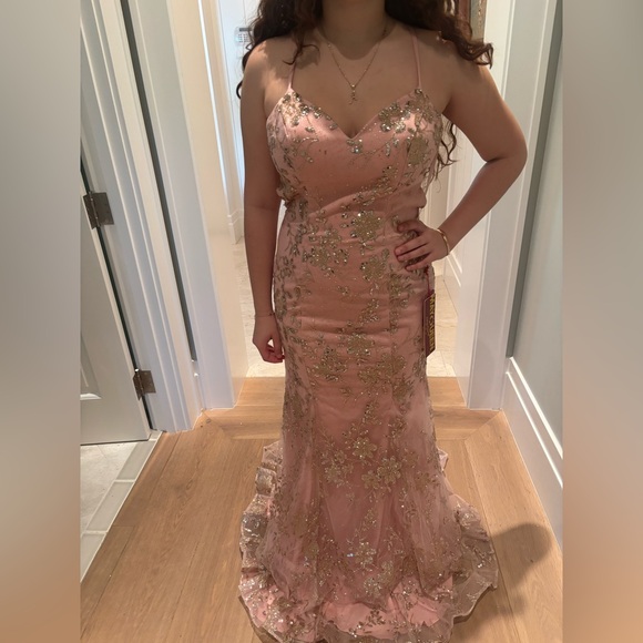 Glamorous Pink and Gold Floral Prom Dress - Picture 1 of 5